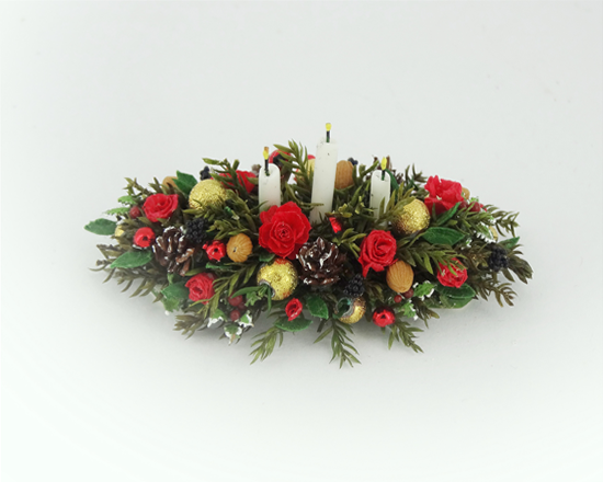 (image for) 12th scale dollshouse Red Rose and Holly Table Arrangement